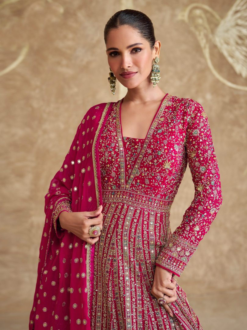 Pink Real Gerogette Sequence Embroidered Anarkali Salwar Suit (Free Size)