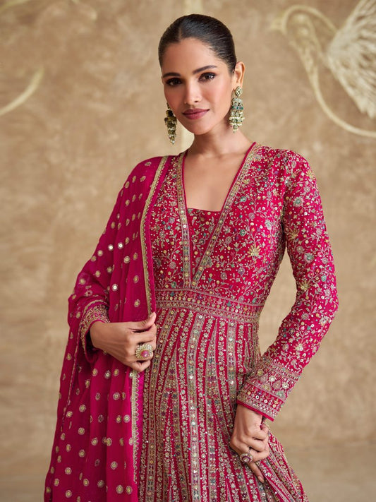 Pink Real Gerogette Sequence Embroidered Anarkali Salwar Suit (Free Size)
