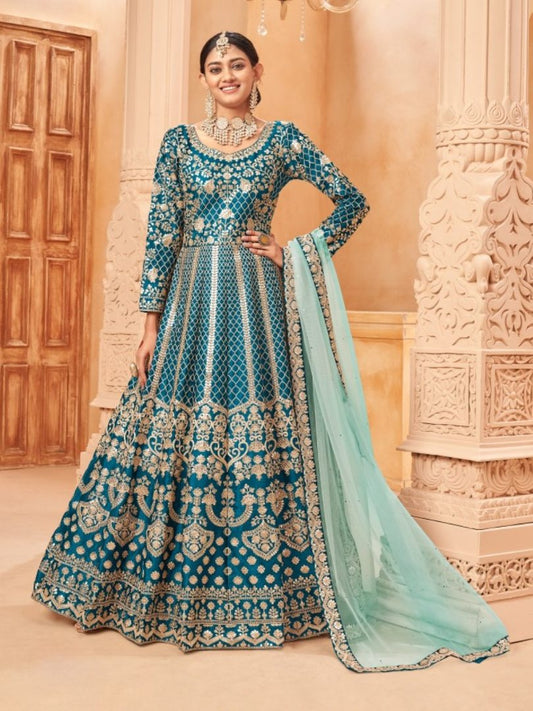 Teal Embroidered Art Silk Semi Stitched Anarkali Suit 5701