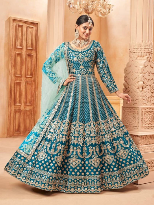 Teal Embroidered Art Silk Semi Stitched Anarkali Suit 5701