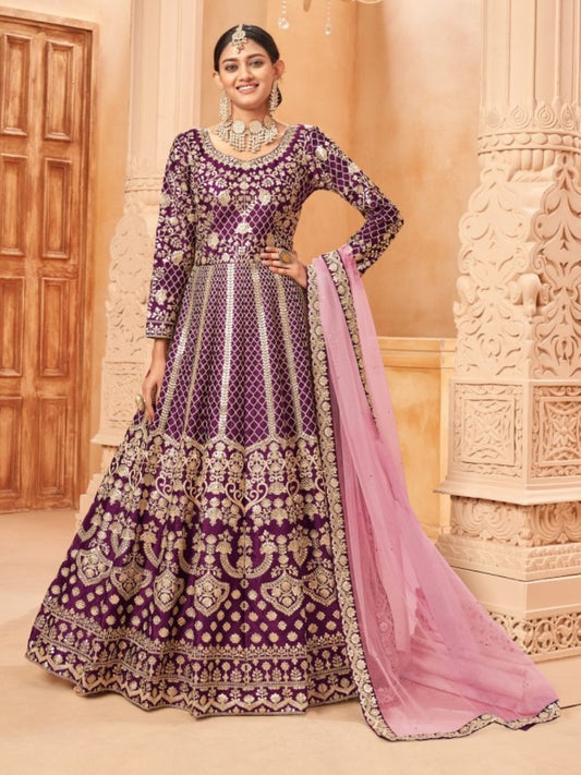 Purple Embroidered Art Silk Semi Stitched Anarkali Suit 5702