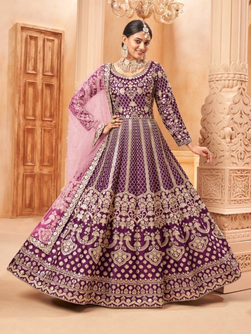 Purple Embroidered Art Silk Semi Stitched Anarkali Suit B