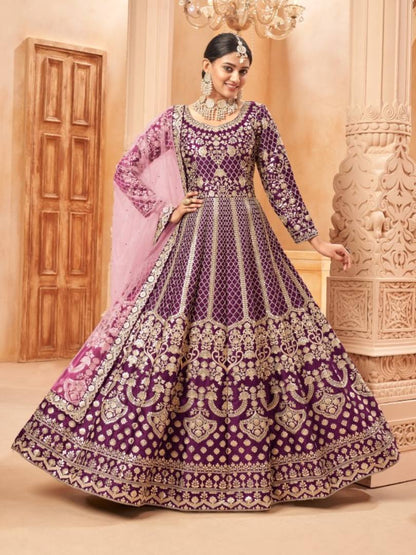 Purple Embroidered Art Silk Semi Stitched Anarkali Suit B