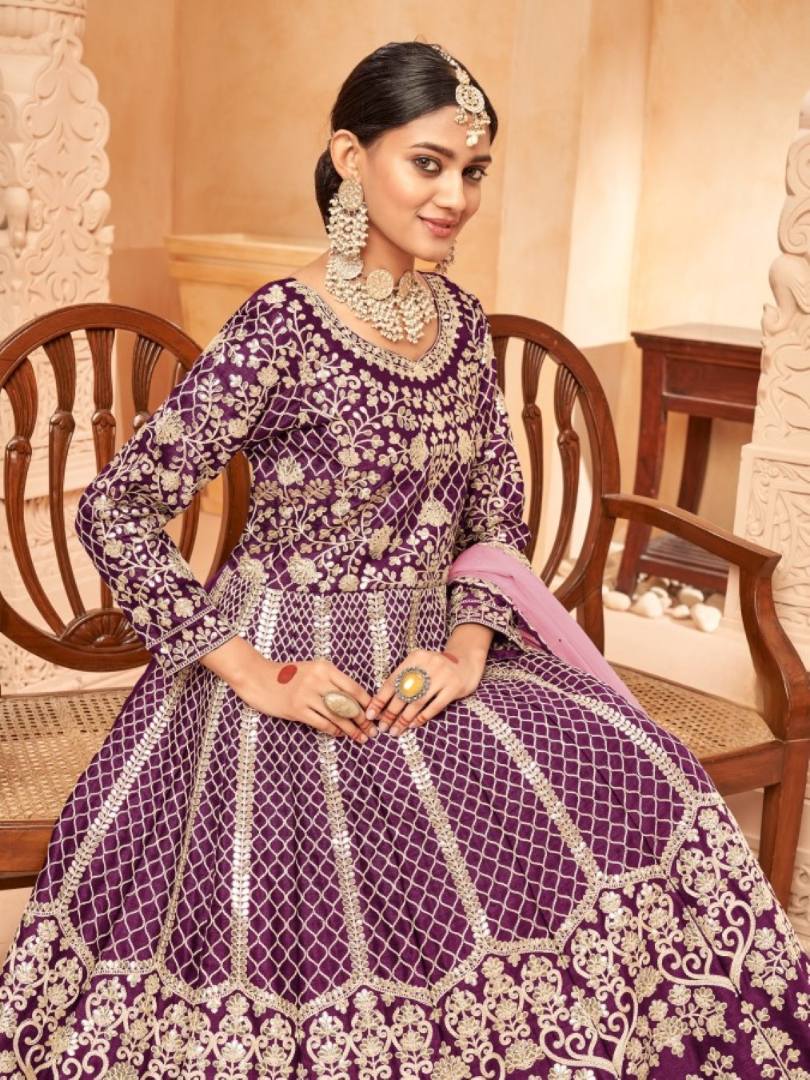 Purple Embroidered Art Silk Semi Stitched Anarkali Suit B