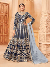 Navy Blue Embroidered Art Silk Semi Stitched Anarkali Suit C
