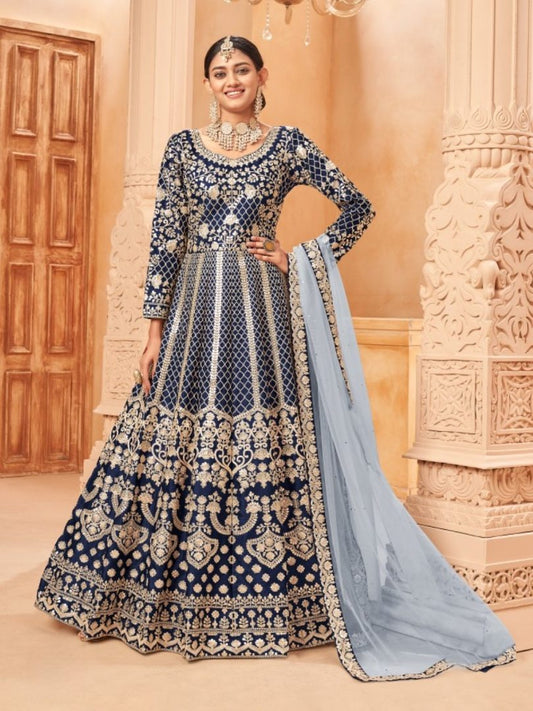 Navy Blue Embroidered Art Silk Semi Stitched Anarkali Suit 5703