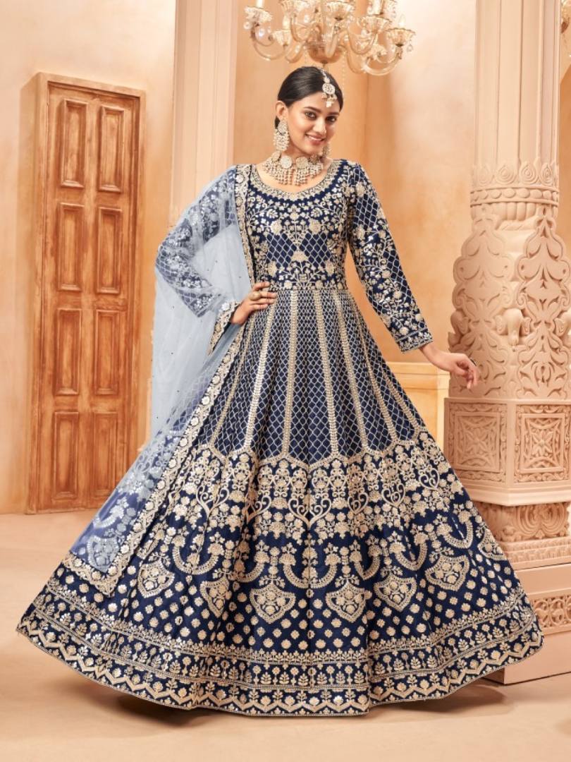 Navy Blue Embroidered Art Silk Semi Stitched Anarkali Suit C