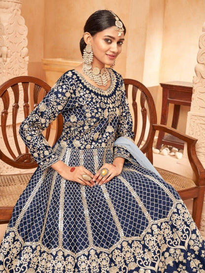 Navy Blue Embroidered Art Silk Semi Stitched Anarkali Suit C