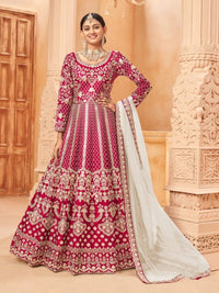 Red Embroidered Art Silk Semi Stitched Anarkali Suit