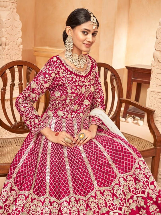 Red Embroidered Art Silk Semi Stitched Anarkali Suit