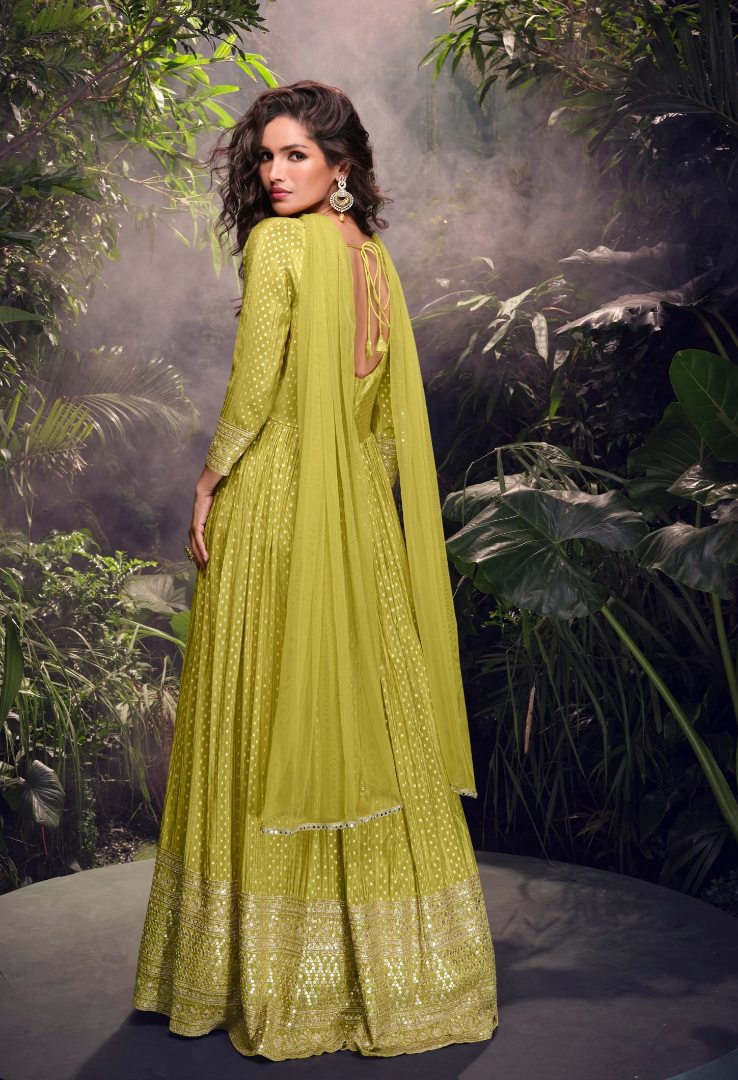 lime Viscose Simar Jacquard Stiched Hand Made Khatli Work Anarkali Gown (Free Size)