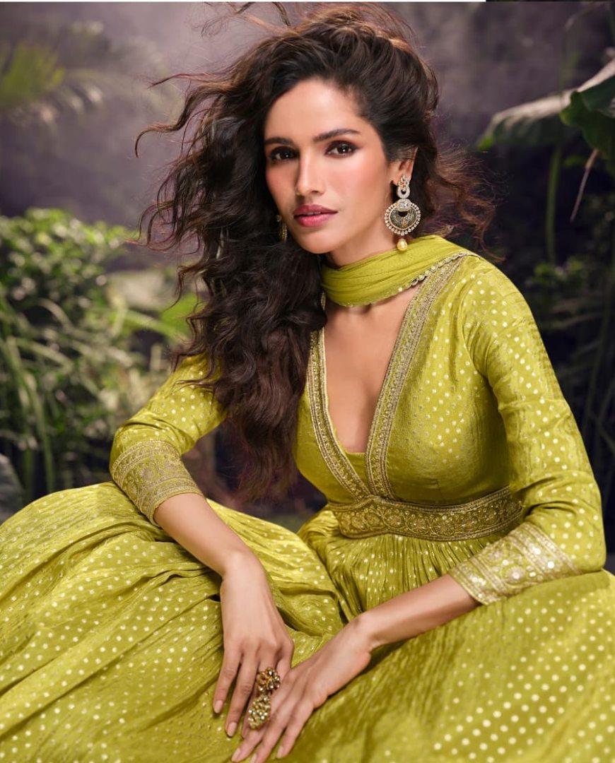 lime Viscose Simar Jacquard Stiched Hand Made Khatli Work Anarkali Gown (Free Size)