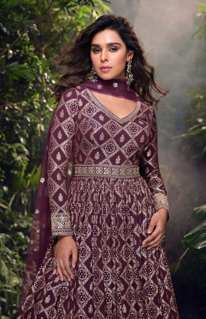 Wine Viscose Simar Jacquard Stiched Hand Made Khatli Work Anarkali Gown (Free Size)