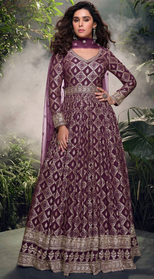 Wine Viscose Simar Jacquard Stiched Hand Made Khatli Work Anarkali Gown (Free Size)