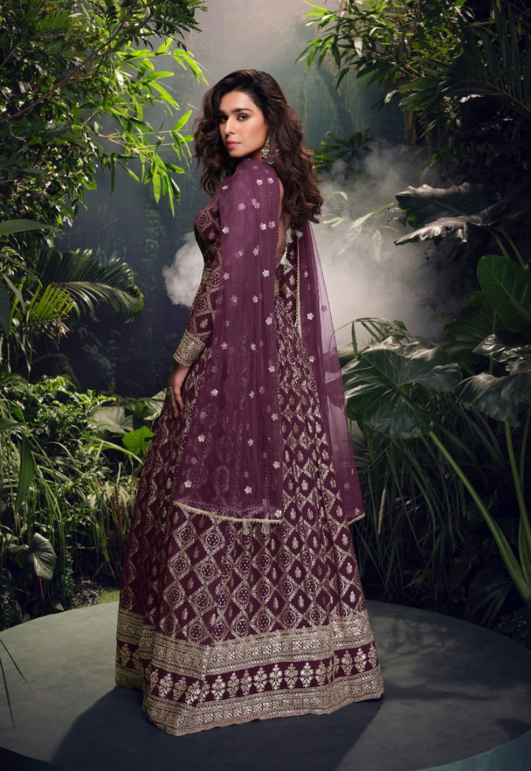 Wine Viscose Simar Jacquard Stiched Hand Made Khatli Work Anarkali Gown (Free Size)