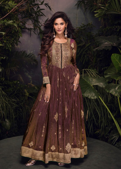 Coppar Viscose Simar Jacquard Stiched Hand Made Khatli Work Anarkali Gown (Free Size)