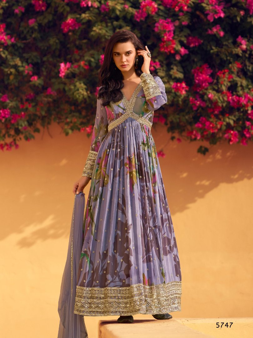 Purple Heavy Chinon With Embroidery Stitched Gown (Free Size)