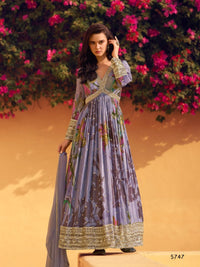 Purple Heavy Chinon With Embroidery Stitched Gown (Free Size)