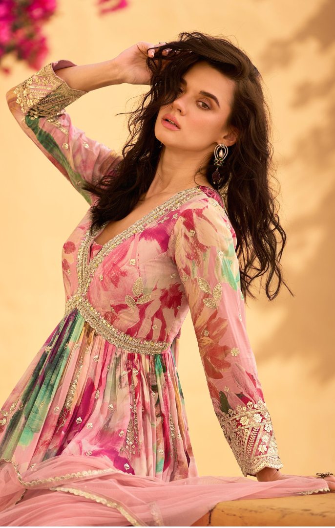 Pink Heavy Chinon With Embroidery Stitched Gown (Free Size) 5749