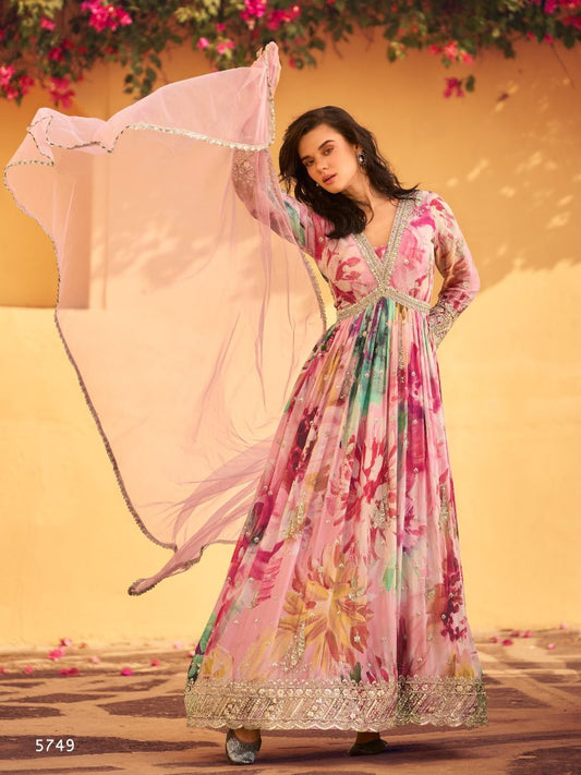 Pink Heavy Chinon With Embroidery Stitched Gown (Free Size) 5749