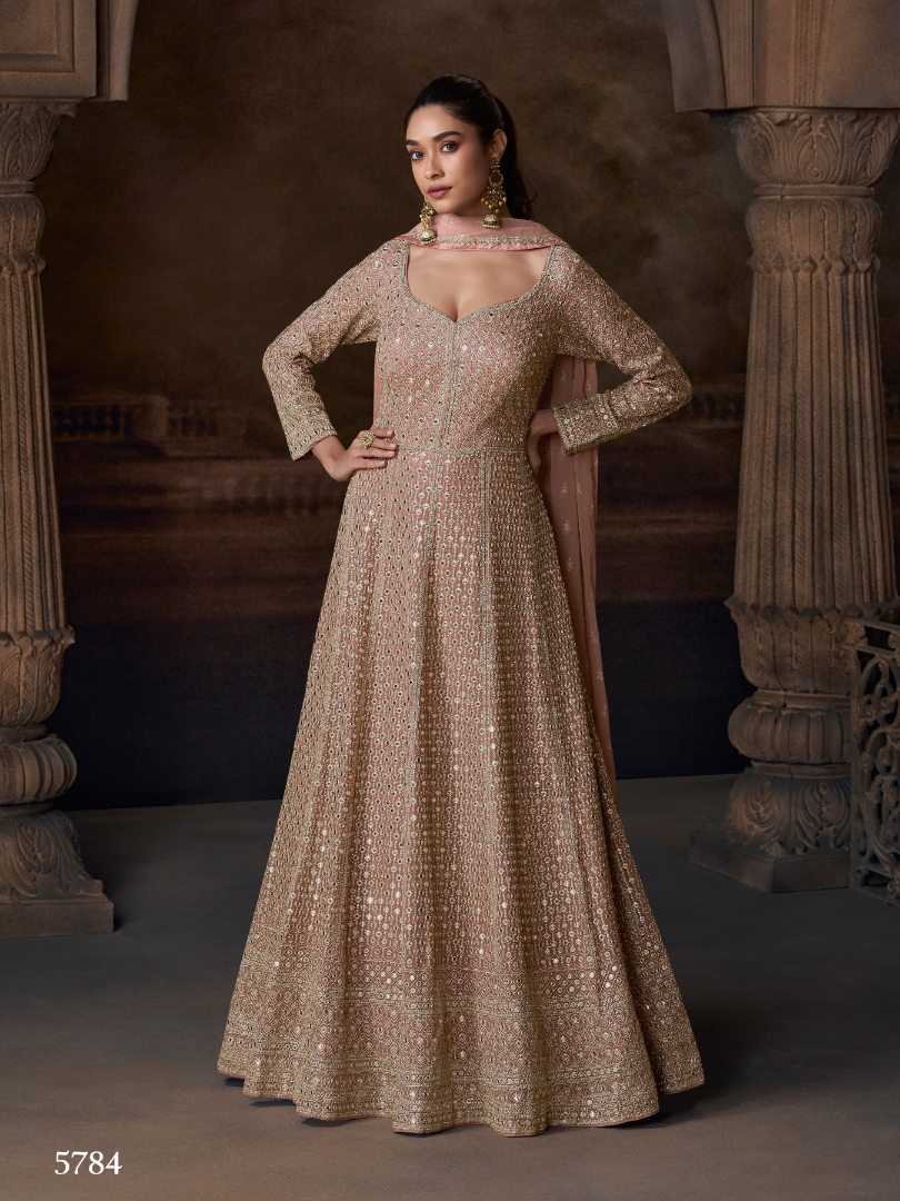 Beige Real Georgette Free Size Stitched Anarkali Suit with Embroidery & Sequence Work