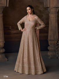 Beige Real Georgette Free Size Stitched Anarkali Suit with Embroidery & Sequence Work