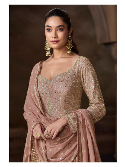 Beige Real Georgette Free Size Stitched Anarkali Suit with Embroidery & Sequence Work