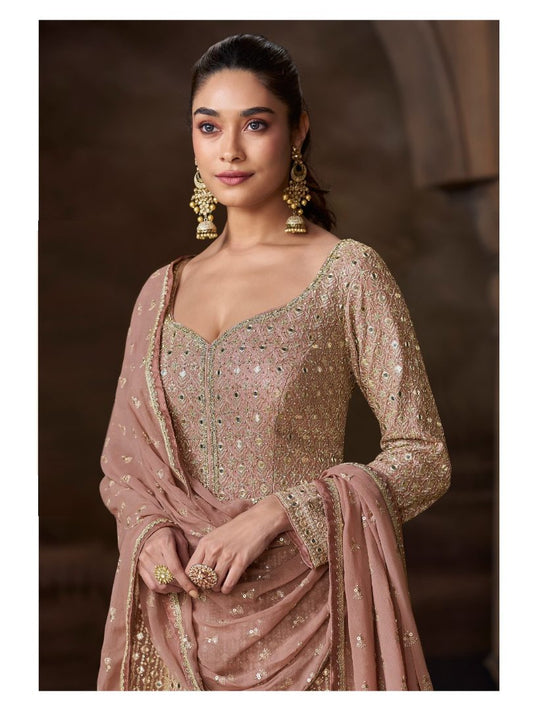 Beige Real Georgette Free Size Stitched Anarkali Suit with Embroidery & Sequence Work