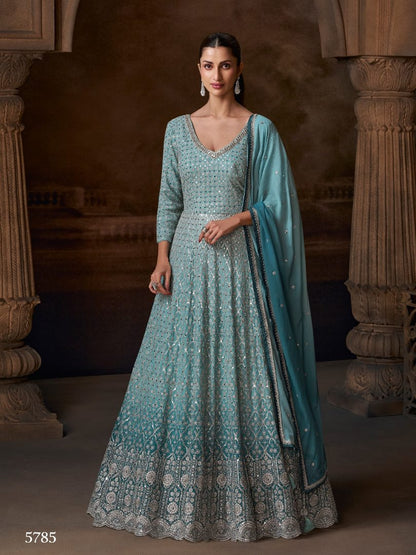 Blue Real Georgette Free Size Stitched Anarkali Suit with Embroidery & Sequence Work