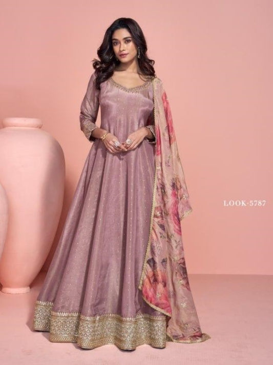 Brown Shimmer Free Size Stitched Anarkali Suit with Sequence Embroidery Foil Stich Work