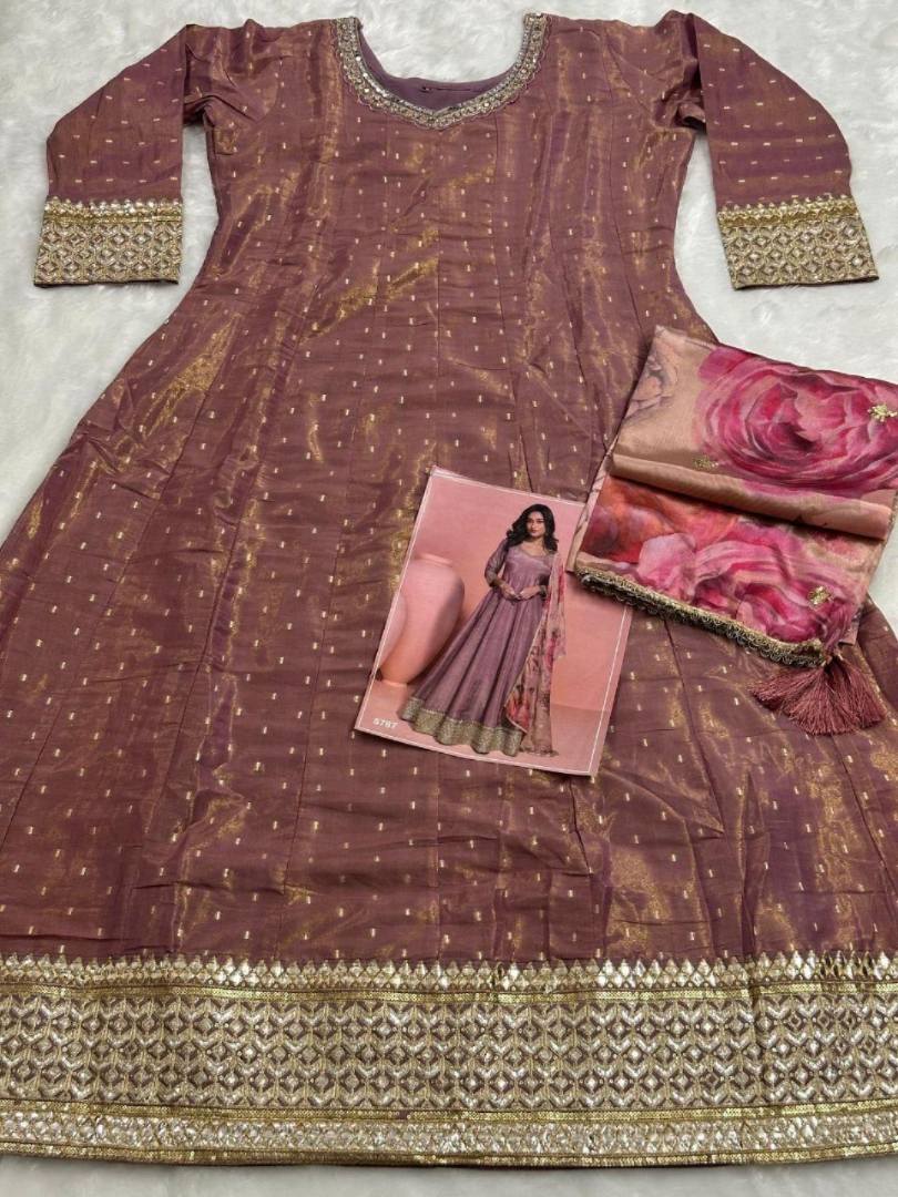 Brown Shimmer Free Size Stitched Anarkali Suit with Sequence Embroidery Foil Stich Work
