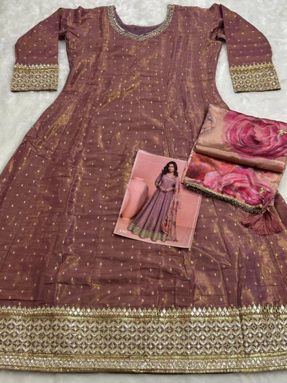 Brown Shimmer Free Size Stitched Anarkali Suit with Sequence Embroidery Foil Stich Work