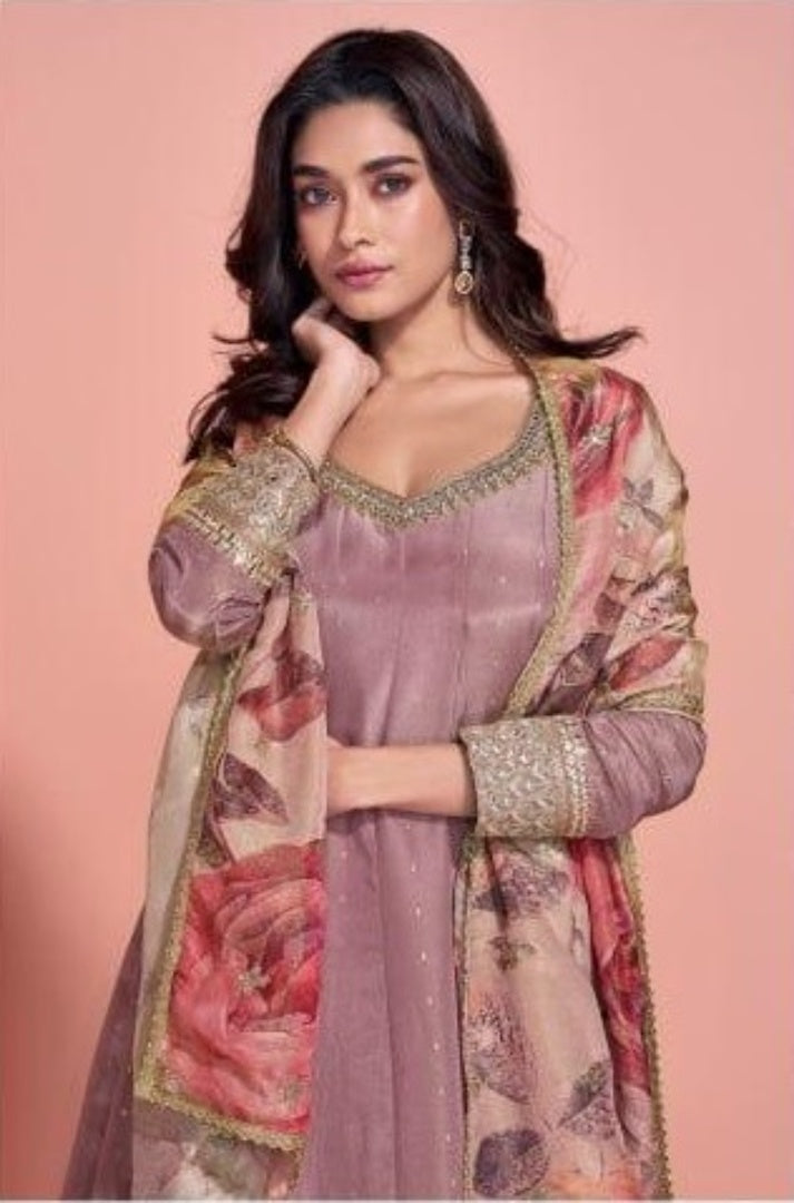 Brown Shimmer Free Size Stitched Anarkali Suit with Sequence Embroidery Foil Stich Work