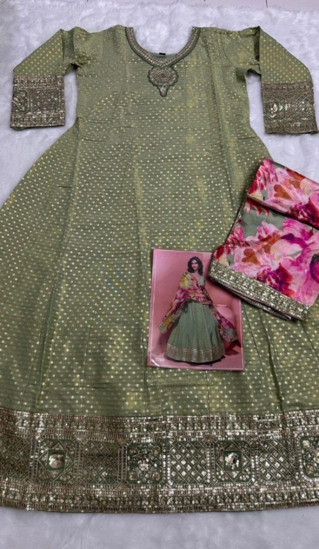 Green Shimmer Free Size Stitched Anarkali Suit with Sequence Embroidery Foil Stich Work