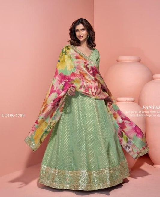 Green Shimmer Free Size Stitched Anarkali Suit with Sequence Embroidery Foil Stich Work