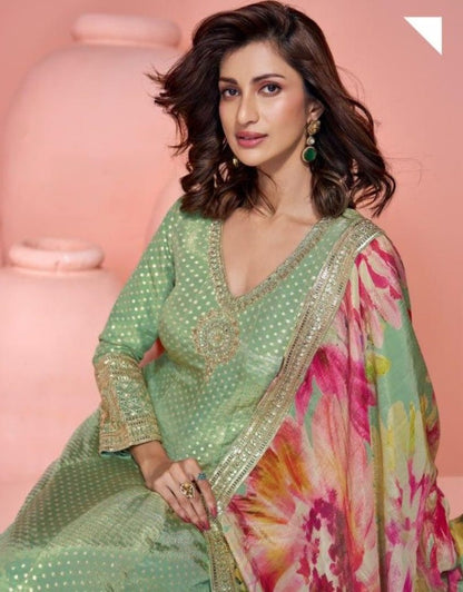 Green Shimmer Free Size Stitched Anarkali Suit with Sequence Embroidery Foil Stich Work