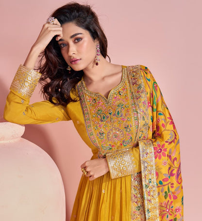 Yellow embroderied silk anarkali suit - full stitched free size