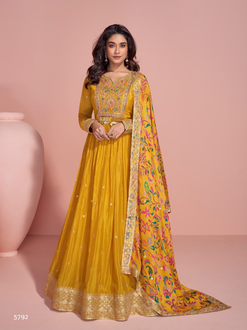 Yellow embroderied silk anarkali suit - full stitched free size