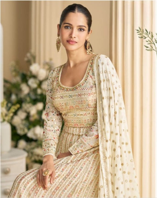 Cream Real Georgette Readymade Anarkali Gown with Embroidery & Sequence Work