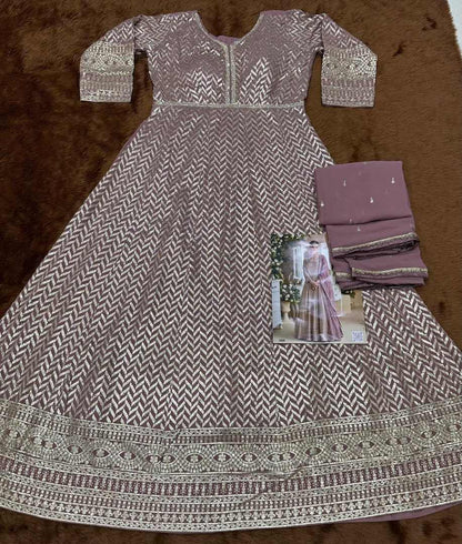 Purple Real Georgette Readymade Anarkali Gown with Embroidery & Sequence Work