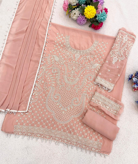 Peach Georgette Semi Stitched Suit with Embroidered Beads & Sequence Work