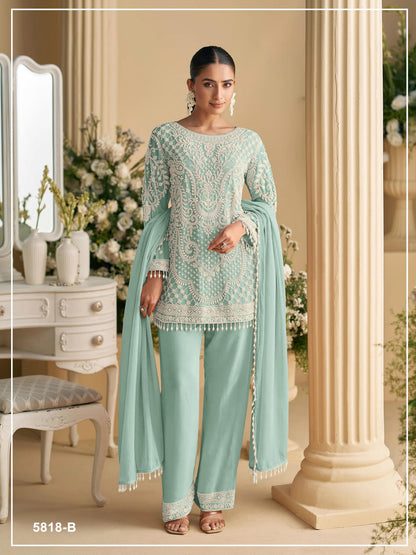 Sky Blue Georgette Semi Stitched Suit with Embroidered Beads & Sequence Work