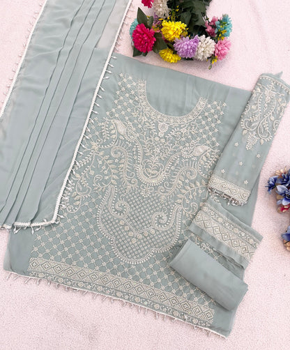 Sky Blue Georgette Semi Stitched Suit with Embroidered Beads & Sequence Work