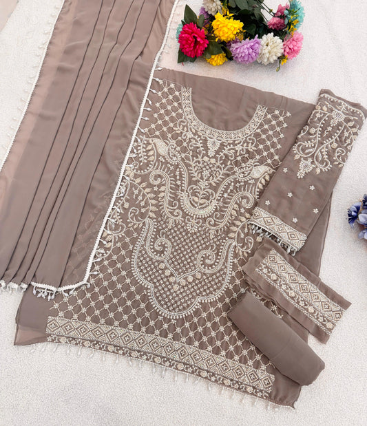 Purple Georgette Semi Stitched Suit with Embroidered Beads & Sequence Work