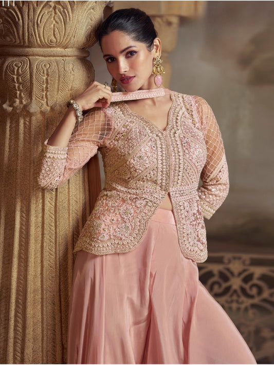 Baby Pink Georgette Readymade Suit with Embroidery Work