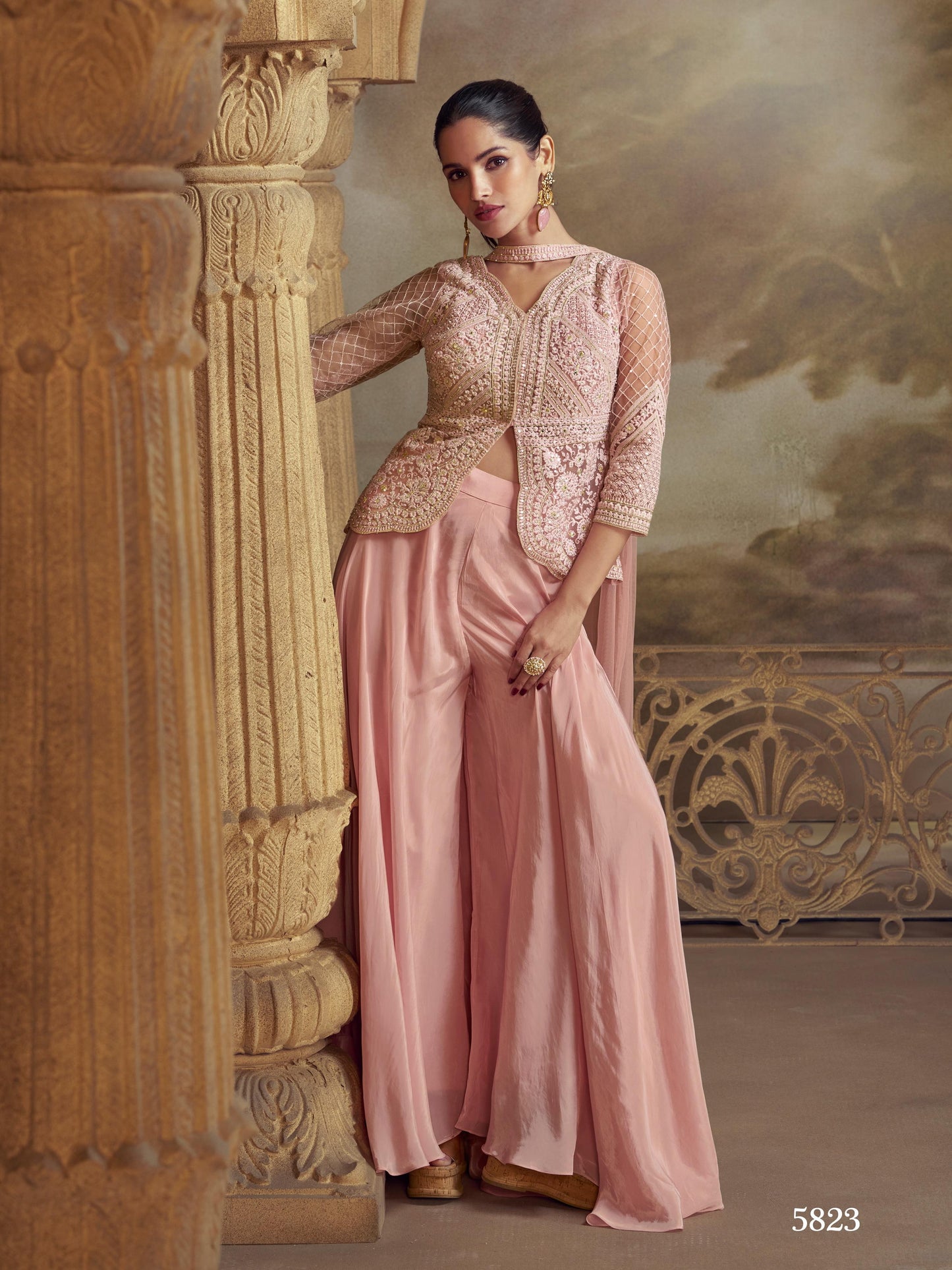 Baby Pink Georgette Readymade Suit with Embroidery Work