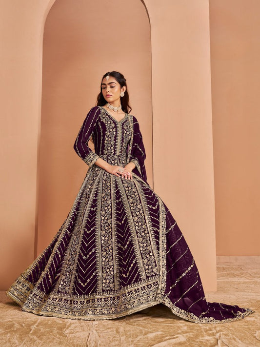 Purple Georgette Embroidered Semi Stitched Salwar Suit