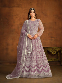 Lavender Embroidered Net Semi Stitched Anarkali Suit