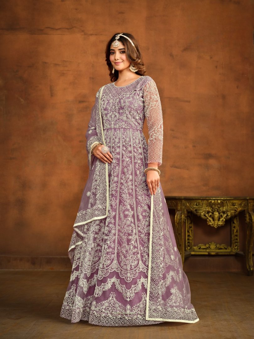 Lavender Embroidered Net Semi Stitched Anarkali Suit