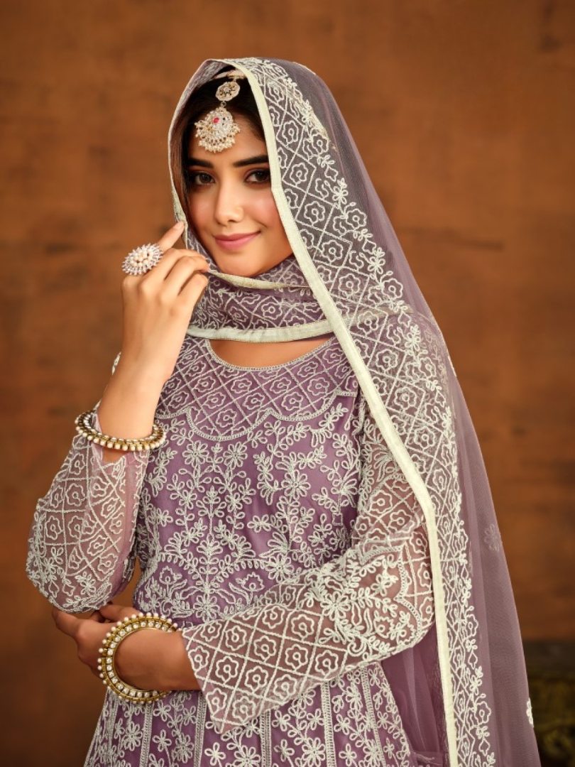 Lavender Embroidered Net Semi Stitched Anarkali Suit